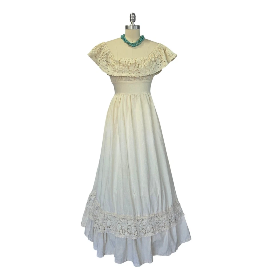 Gunne Sax Ivory Lace Vintage 70s Maxi Dress Size 13 Prairie Wedding Boho  - Image 2 of 4