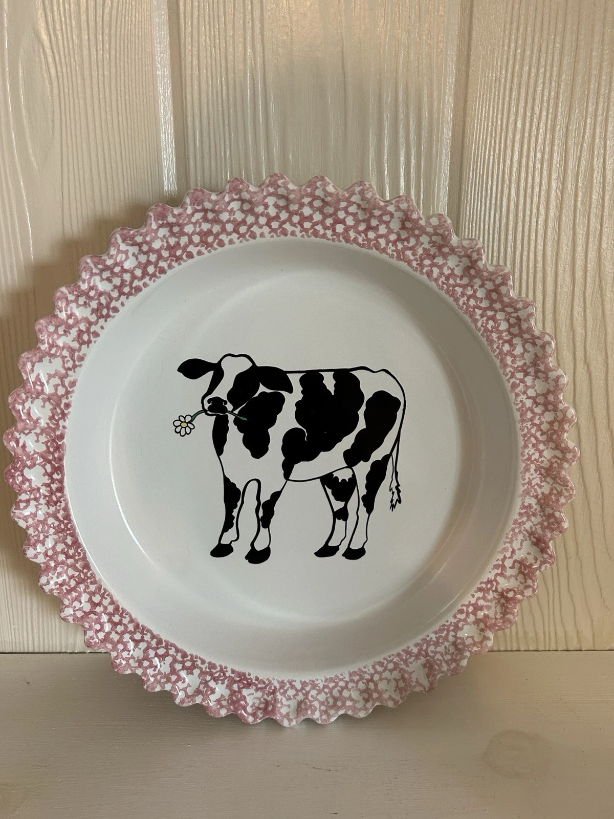 ABC Exclusive Holstein Cow Stoneware Pie Plate. Pink Spongeware