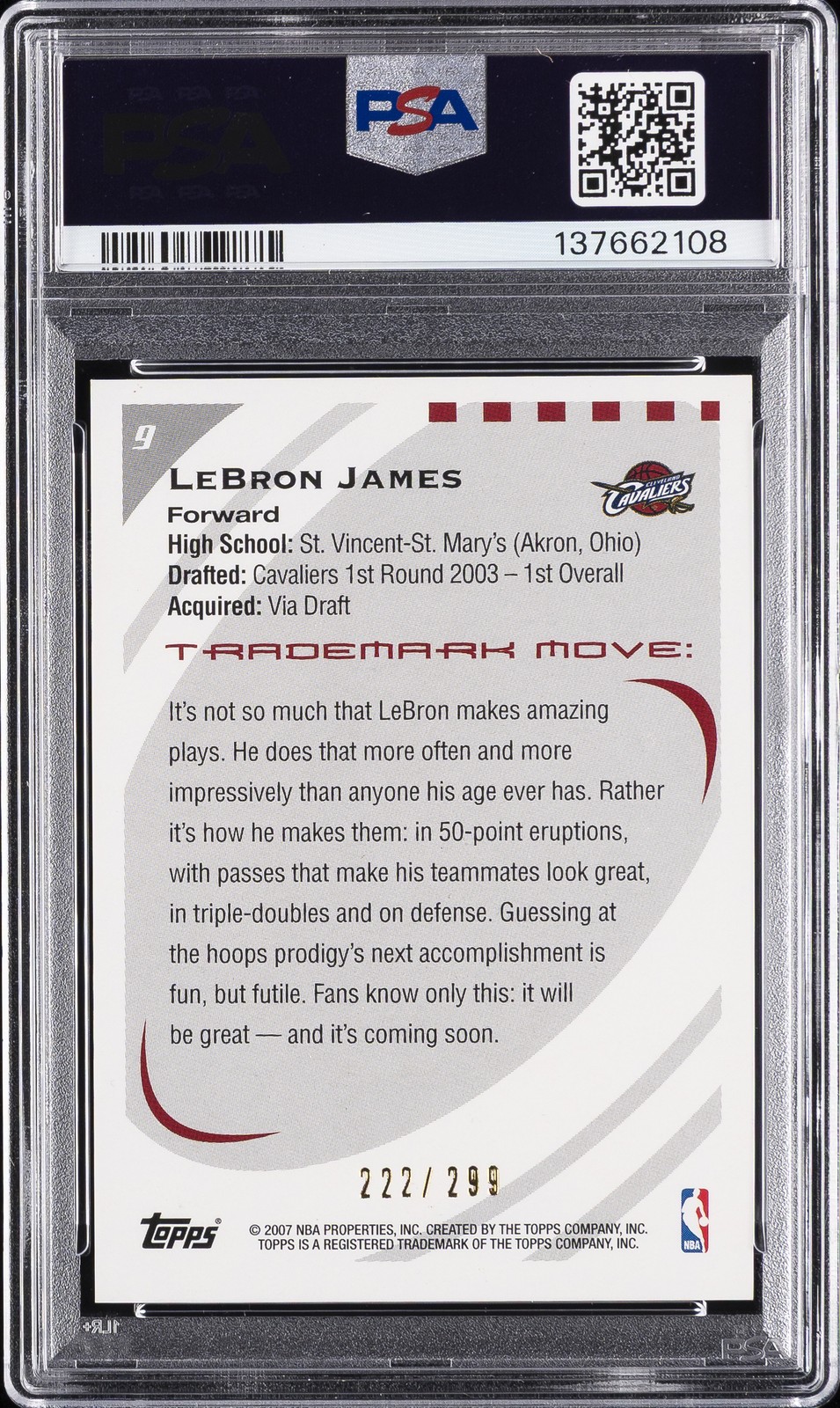2006 TOPPS TRADEMARK MOVES FOIL #9 LEBRON JAMES 222/299 PSA 9 view 2