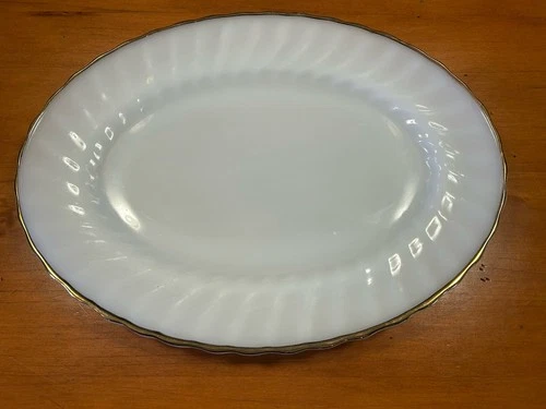 VTG Anchor Hocking Fire King Oval Platter 13'' White Swirl Milk Glass Gold Rim