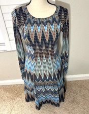Karen Kane Women’s Long Sleeve Dress XS Fairy Boho Zig Zag Print Retro Western