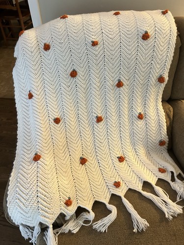 Elfenbein Häkel Überwurf Zick Zack Muster handbestickt Kürbisse 36”x46”