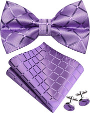Mens Plaid Checkered Bow Tie Handkerchief Jacquard Woven Adjustable Pre-Tied Bow