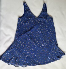 Blue Floral Chiffon Mini Dress Size L V-Neck Sleeveless Ruffle Hem 
