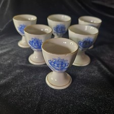 Set Of 6 Vintage Egg Cups, Porcelain W/Gold Rim, Blue Transfer