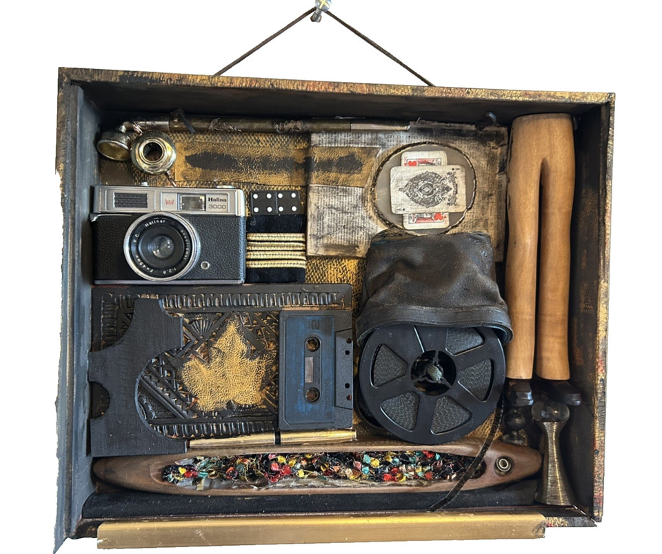 Handcrafted assemblage art stitched together from vintage found objects — abstract, tactile, and utterly unrepeatable as a gift.