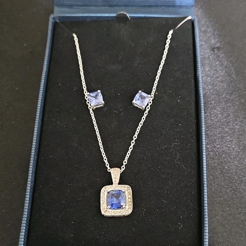 Sterling Silver Blue Square Cubic Zirconia Necklace Pendant & Earrings Set