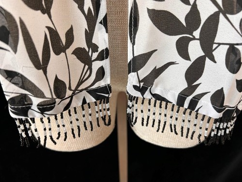 Black and white long neck scarf beaded fringe 60 x 8 leaves pattern polyester - Picture 3 of 5