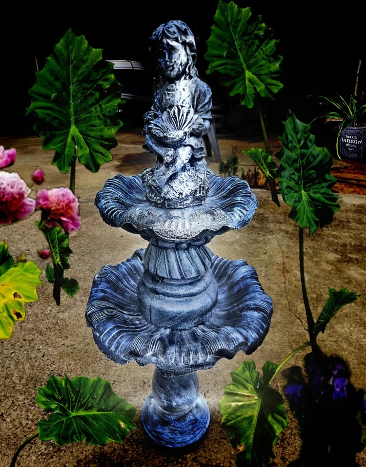Stonecast Birdbath 2 Tier With Statue Of Girl Holding A Flower /Center Piece - Image 2 of 4