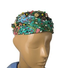 Mid Century 60s Vintage Beaded Turban Statement Hat Womens Green Silk Paisley