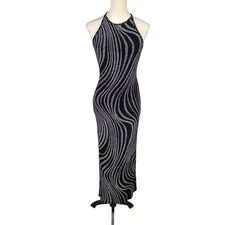 Vintage Jessica McClintock XS Gunne Sax Black Slinky Knit Swirl Open Back Dress