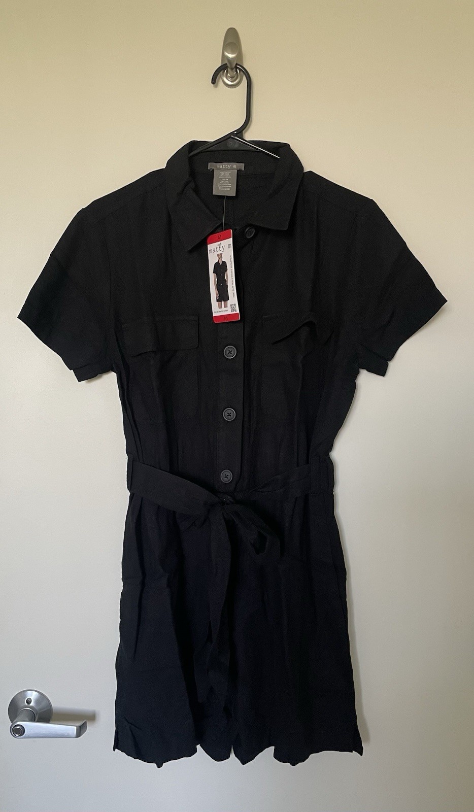 Matty M Womens Linen Blend Button Front Belted Romper Medium Size Black