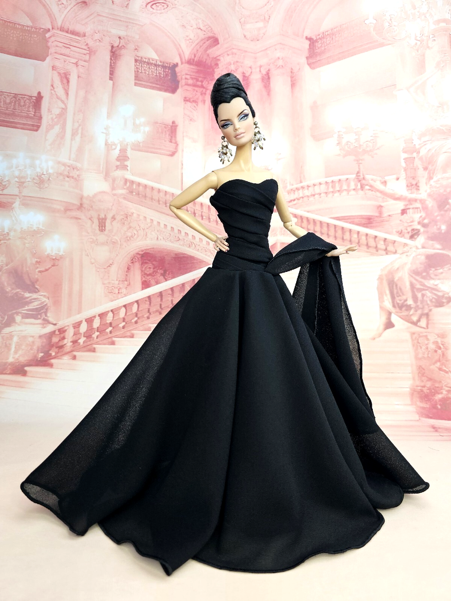 barbie in a black dress Handmade Evening Outfit Gown For Silkstone Fashion Royalty FR Size:EU46 tight glitter knit black Mom_And_Daughter Women's Burgundy Hotfix Halterneck