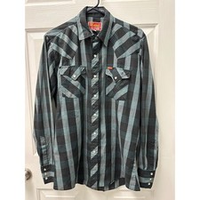 Vintage Ely Plains Western Pearl Snap Shirt Mens 15.5-35 Plaid Black Teal Yoke