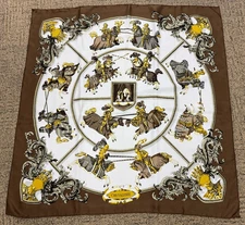 Vintage Hermes Paris CHEVALERIE Caty Latham Silk Scarf 90cm Brown Gold Ivory