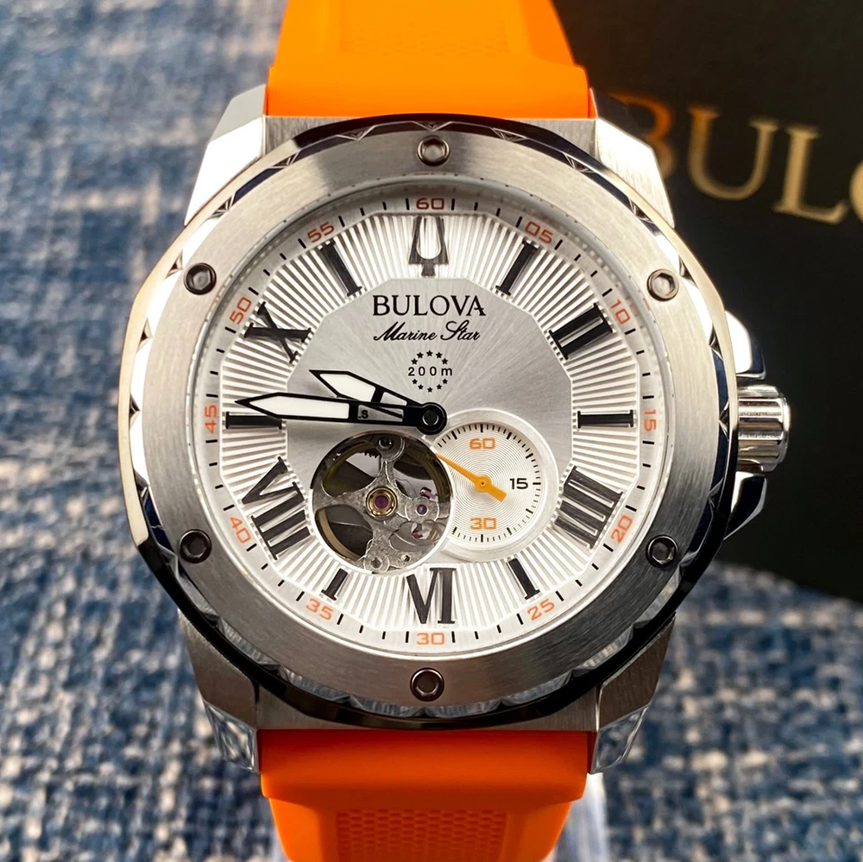 Bulova Marine Star Automatic White Dial Orange Rubber Strap Men's Watch 98A226 - Image 2 of 4