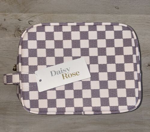 Daisy Rose White Checkered Makeup Bag Gold Zipper
