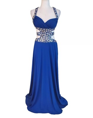 Steppin' Out Size 9 /10 Royal Blue Prom Beaded Sequin Halter Open Back Dress  | eBay