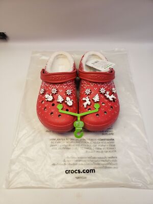 Crocs Unisex-Adult Classic Lined Holiday Charm Clogs M5/W7 Red/White New