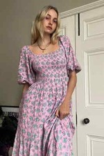 UO Lottie Floral Tie-Back Midi Dress Printed Smocked Puff Sleeve New Small S
