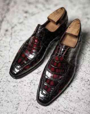 Handmade Men Burgundy Crocodile Dress Shoes, Leather Oxford Derby Shoes For Mens