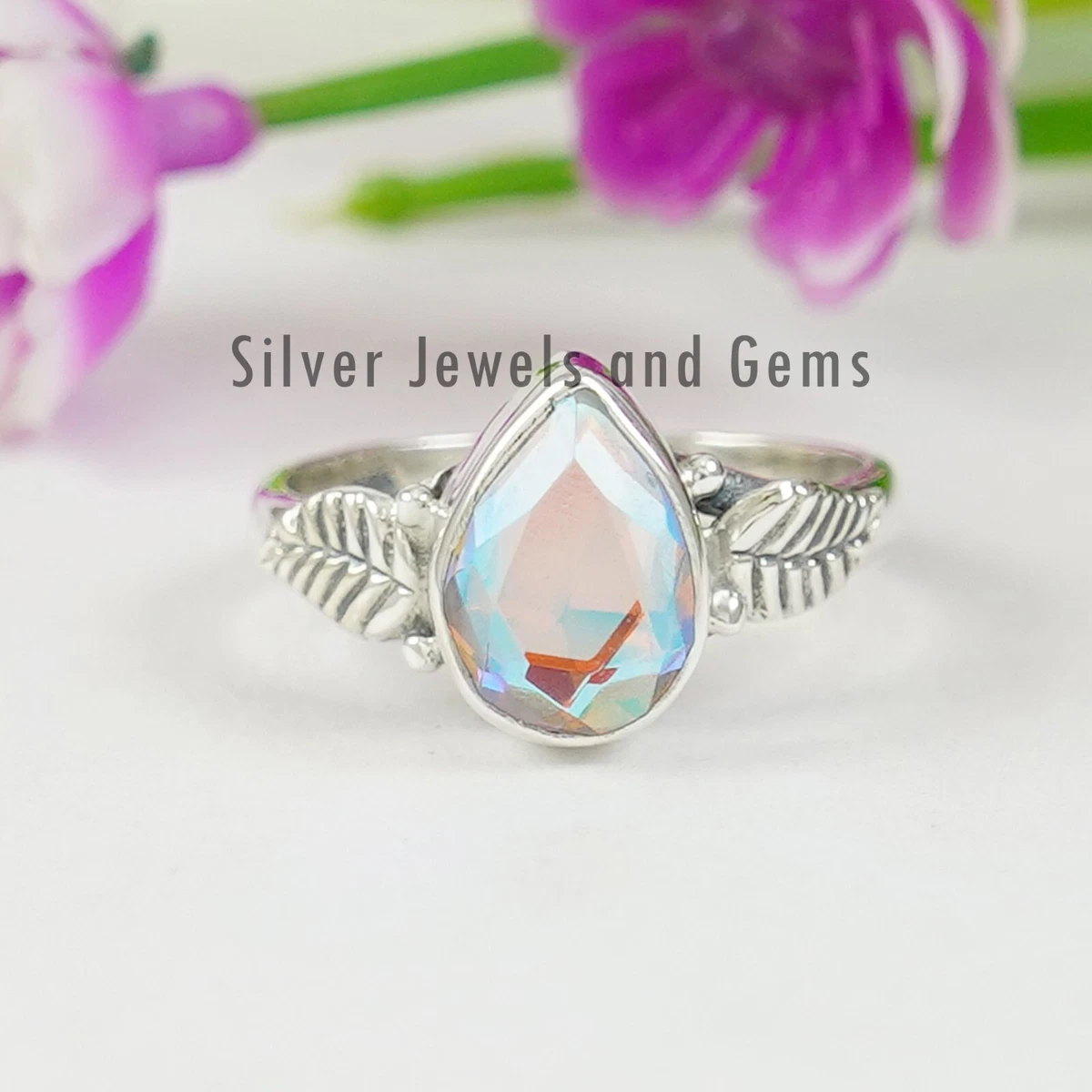 Angel Aura Quartz Stone 925 Solid Silver Ring for Women Boho 