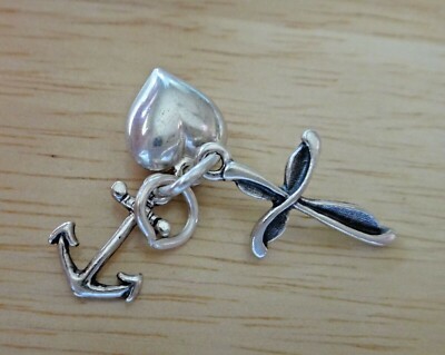3 Sterling Silver 3D 20x20mm Movable Anchor Heart Cross Hope Love & Faith Charms