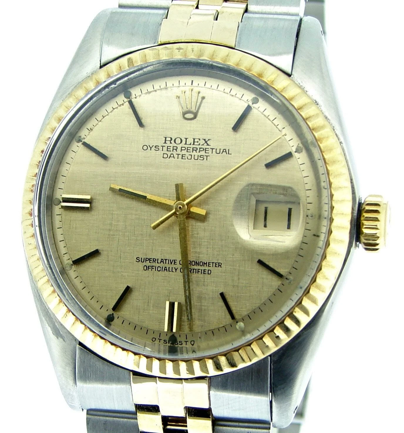 Rolex — Rolex Datejust Mens 2Tone Yellow Gold Stainless Steel Watch Gold Linen Dial 1601