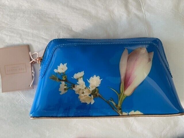 Ted Baker Royal Blue Floral Light Pink Cosmetic Make Up Zip Bag