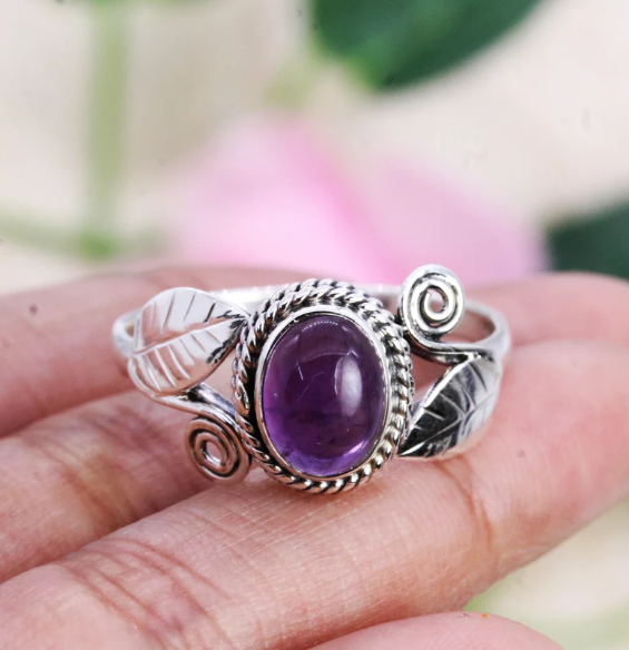 SILVER925 AMETHYST STONE RING/シルバー/リング Handmade 925 Sterling Silver Amethyst Gemstone Leaf Women Ring All