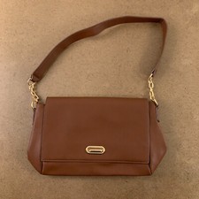 Women's Medium Brown Faux Leather Gold Tone Hardware Fold Over Shoulder Bag New