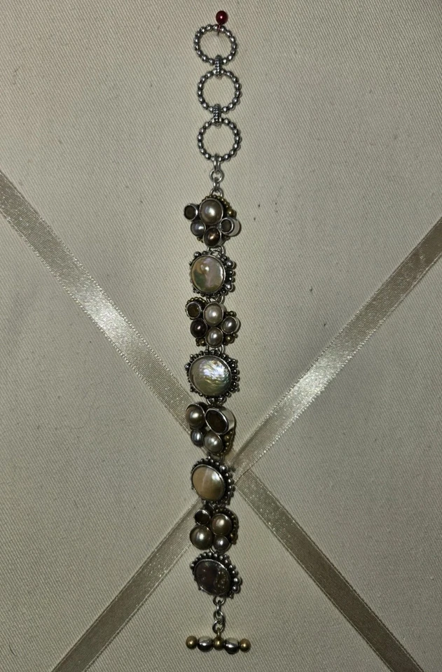 Sterling Silver & Bronze Mother of Pearl Bracelet 925 Iuan China 46g Smoky Quart - Image 4 of 4