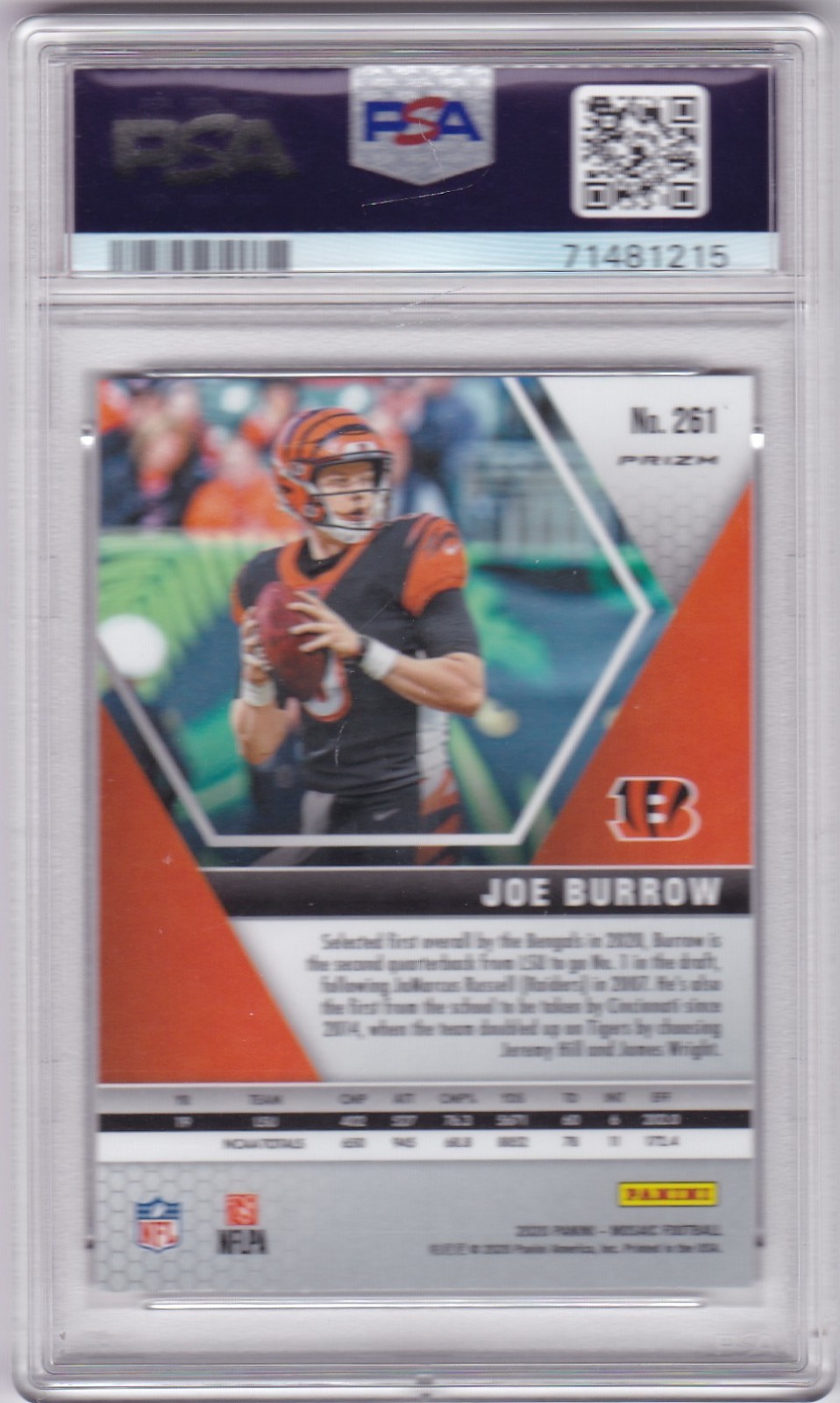 2020 Mosaic Reactive Orange Football Card #261 Joe Burrow RC - PSA 9 view 2