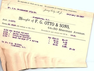 1897 F.G. Otto & Sons dental supplies billhead