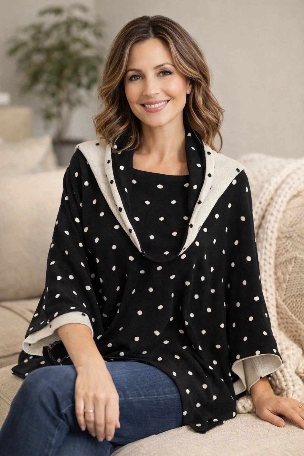 Fever L/XL Polka Dot Poncho Sweater Cowl Neck Bat Wing Knit Oversized Cozy Chic