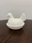 Vintage Hazel Atlas? Milk Glass Hen On Nest Basket 4 1/2” Wide Candy Dish