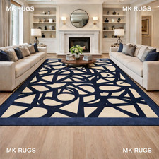 Hand Tufted Wool Area Rug Blue Ivory Modern Geometric Carpet 8x10 Custom Carpet
