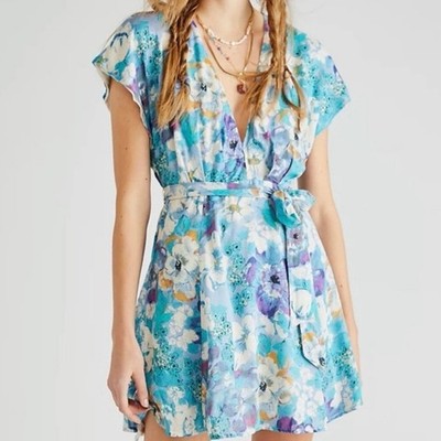 Free People Freddy Tie Mini Dress Small Floral Night Combo V-Neck Flutter Sleeve