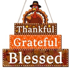 Thanksgiving Decorations Wooden Turkey Door Sign Thankful Grateful Blessed Si...