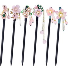 6 Pack Vintage Wooden Hair Sticks for Women, Handmade Chinese Flower Hairpins wi