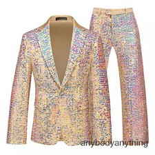 Men's Business Casual Suit Banquet Singer Stage Sequined Dress 2pcs Coat pants