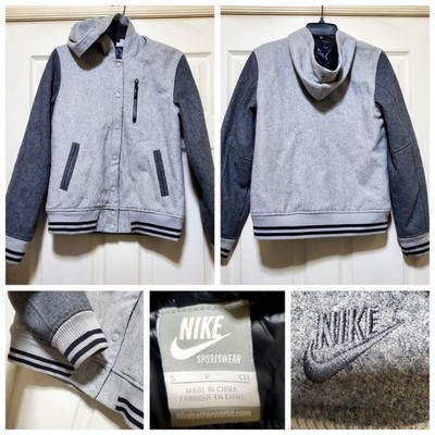 Nike Jacket Womens Small Gray Wool Hooded Varsity Bomber Destroyer 437062 Warm