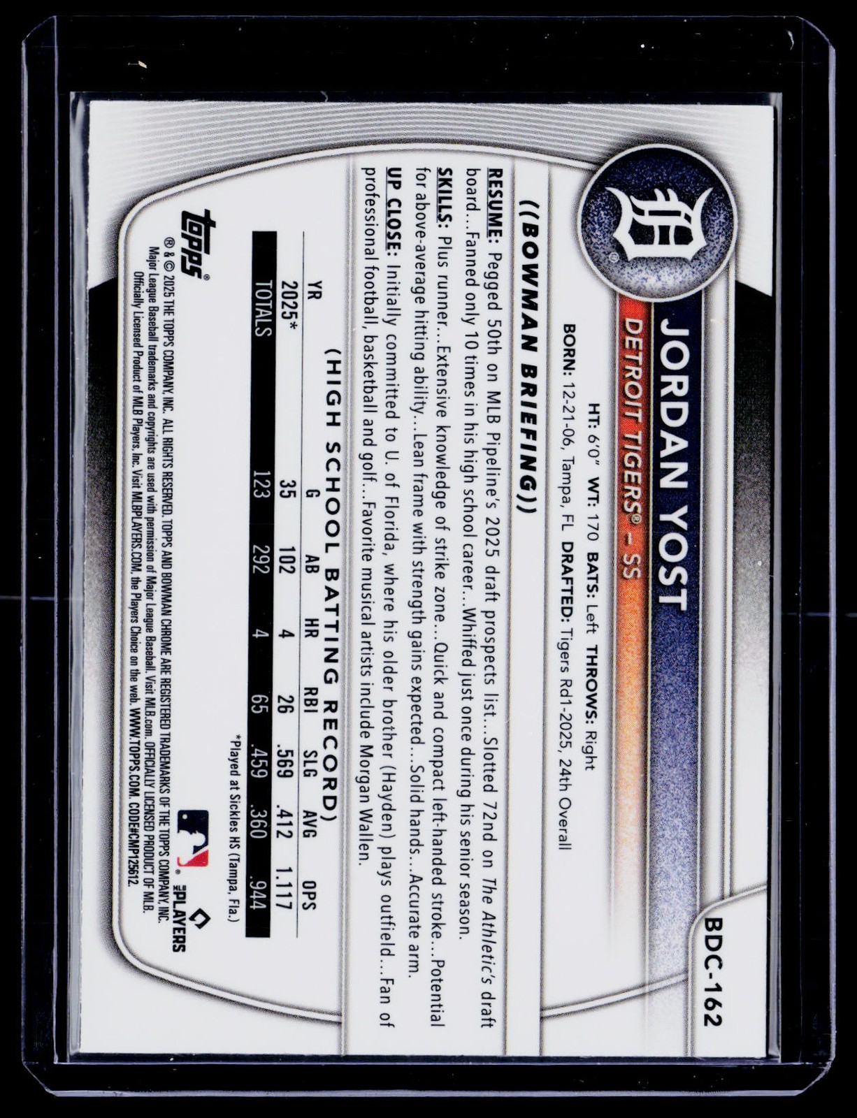 2025 Bowman Draft #BDC-162 Jordan Yost Chrome Yellow Refractor #/75