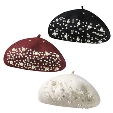 Women Beret Pearl Rhinestone Winter Comfortable Artist Painter Hat for Holidays