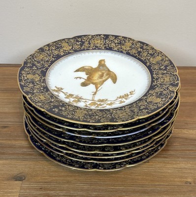 Set of 8 Limoges Antique Gilt Cobalt Hand Painted Gold Bird Game Plates 19th C