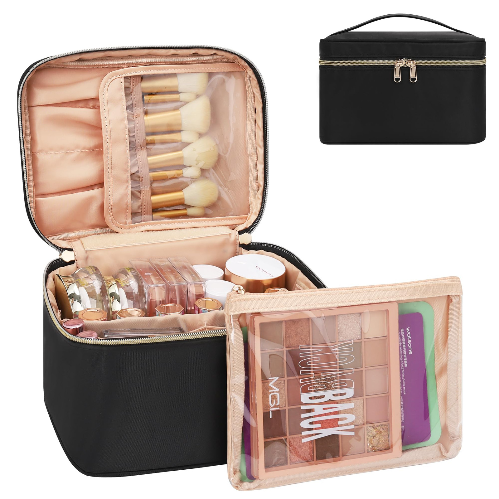 Makeup Bag with Detachable Pouch, Large Capacity Travel Cosmetic Organizer-image