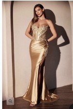 Gold Satin Beaded Sweetheart Neckline Ruched Formal Gown with Side Slit