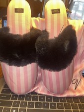 NWT Victoria's Secret Signature Satin Slippers Pink with Faux Fur Large 9-10