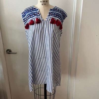 BINDU Sleeveless Tasseled Cotton Embroidered Boho Mini Dress/ Coverup Size Large