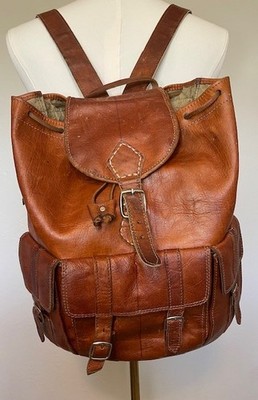 Vintage Handcrafted Genuine Leather Light Brown Leather Multi Pocket Backpack